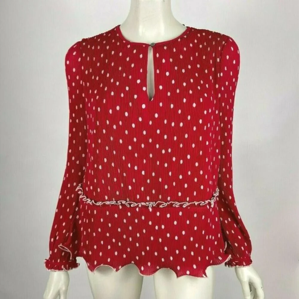 J Crew Ruffle-trim Pleated Top Polka Dot Lined Blouse Long Sleeve Women S NWT‎